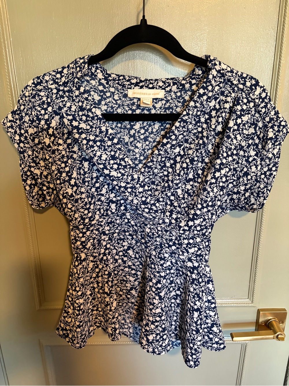 Monteau Navy & White Floral Wrap Peplum Blouse